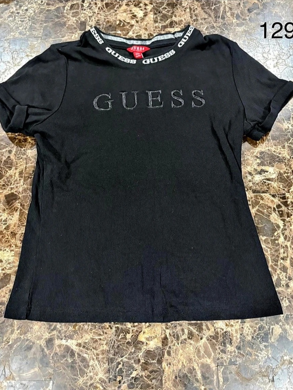 GUESS Black Ribbed Logo Short Sleeve Tee